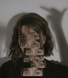 a woman's face with multiple images of her eyes and hands in the background