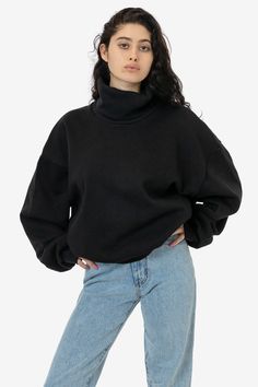 This heavy fleece version of our oversized contrast turtleneck sweatshirt is made using recycled, leftover rolls of various heavyweight cotton fleeces. The generous blouson fit will keep you comfy and cozy all winter long while still looking chic. The contrast rib turtleneck and cuffs give this garment an elevated look that can be dressed up or down. Try pairing these sweaters with our riding pants, sweatpants or even leather styles. Please note, these colors are not perfect matches to any of ou Turtleneck And Sweatpants, Turtleneck Sweater Outfit, Black Turtleneck Sweater, Oversized Turtleneck Sweater, Turtleneck Sweatshirt, Oversized Turtleneck, Ribbed Turtleneck Sweater, Riding Pants, Ribbed Turtleneck