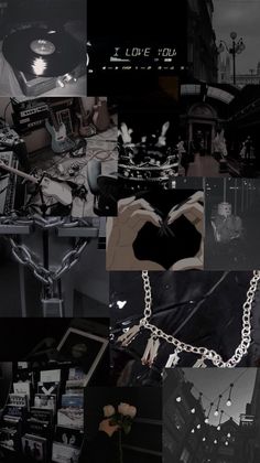 black and white collage with various images in the middle, including a chain that has been attached to it