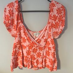 Size M Worn Once Size L Never Worn With Tags Stretchy Soft Material Vacation Floral Print Crop Top Blouse, Red Summer Crop Top Blouse, Pink Floral Print Crop Top, Red Crop Top Blouse For Summer, Red Printed Tops For Day Out, Vacation Crop Top With Floral Print And Short Sleeves, Vacation Floral Print Short Sleeve Crop Top, Floral Print Short Sleeve Crop Top For Vacation, Red Printed Summer Top