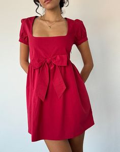 Adrenaline Red Poplin Mini Dress | Leshiana – motelrocks-com-us Party Dress Long Sleeve, Bandeau Dress, Capped Sleeves, Body Con Skirt, Party Dress Long, Red Bow, Summer Maxi Dress, Babydoll Dress, Blouse Dress