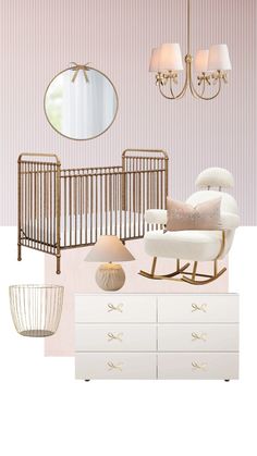 a baby's room with pink walls and white furniture