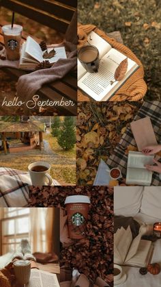 a collage of photos with coffee, books and other things to read in the fall