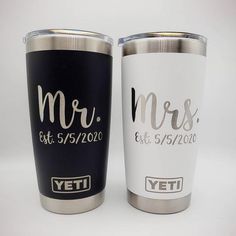 two personalized yeti coffee cups are shown