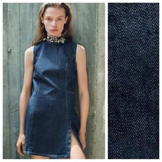 Nwt. Zara Trf Dark Indigo Denim Sleeveless Fitted Mini Dress With Round Neckline. Opening With Zipper At Hem. Back Metal Zip Closure. Size Xxl. Ref. 3643/180. Pit To Pit 21,5" Flat, Shoulders 13,5", Waist 18", Length 35". Necklace Not Included In Purchase. B Zara Mini Dress, High Neck Mini Dress, Strappy Mini Dress, Zara Mini, Fitted Mini Dress, Indigo Denim, Oxford Dress, Zara Sweater, Dark Indigo