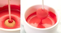 two pictures of red liquid being poured into a white cup with a wooden stick sticking out of it