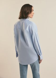 With a relaxed fit and pointed collar, the Ex-Boyfriend Shirt is an oversized button up, cut from a cotton satin with signature embroidery on the sleeve cuff. Our favorite way to wear this Powder Blue shirt is, actually, any way–tied, tucked, half-tucked, and unbuttoned.100% Cotton Bambi is 5'8" wearing small. Oversized Light Blue Shirt For Work, Light Blue Shirt With Spread Collar, Oversized Light Blue Collared Shirt, Powder Blue Shirt, Boyfriend Shirt, Sleeve Cuff, Ex Boyfriend, Powder Blue, Blue Shirt