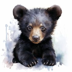 a black and brown bear sitting on top of a white floor next to watercolor stains