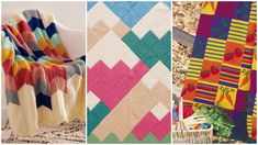 three different quilts are shown in four different colors and patterns, one is multicolored