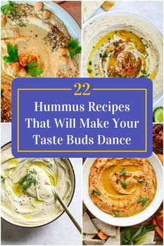 Collage of 4 hummus recipes. Fruit Hummus Recipe, Hummus Combinations, Flavored Hummus Recipe, Hummus Topping Ideas, Humus Recipes Homemade, Asian Hummus, Fancy Hummus, Salsas Recipes, Hummus And