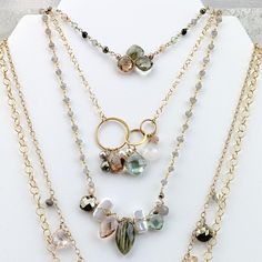 Simple and fun, you’ll love the look of the Kate necklace. Like many of our versatile pieces, Kate can be paired with a simple tee and jeans, or dressed up for a night out on the town. Rosary-style chain beautifully frames a trio of semi-precious gemstones for a classic look. Layer with our long rosary-style necklaces for complete set! Featuring Smoky Topaz, Peach Quartz and Green Amethyst. Length: 16-18″ Great layering piece Can also be made on a chain instead of gem chai Looking for layering o Elegant Necklaces With Unique Variations For Everyday Wear, Elegant Everyday Necklaces With Unique Variations, Elegant Necklaces For Everyday Wear, Peach Quartz, Rosary Style Necklace, Silver Link Necklace, Smoky Topaz, Trendy Necklaces, Layering Necklace