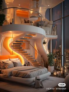 a bed sitting under a spiral staircase next to a window