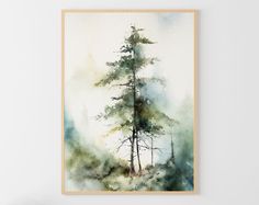 a watercolor painting of a pine tree in the woods on a white wall above a bed