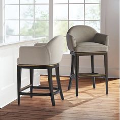 two upholstered stools in front of a window with wood flooring and white walls