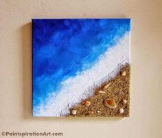 an acrylic painting of the beach with shells and sand on it's side