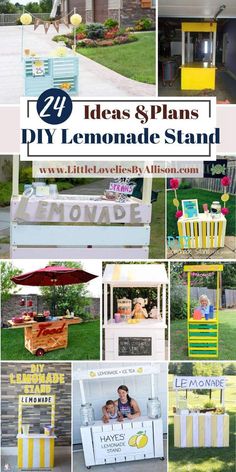 lemonade stand made out of pallets and painted yellow, white and blue with text overlay that says 25 ideas & plans