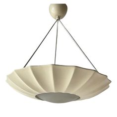 a light fixture hanging from the ceiling with an oval shade on it's side