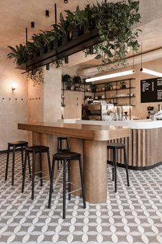 the interior of a coffee shop with plants hanging from the ceiling and bar stools