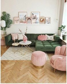 a living room with pink and green furniture