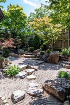 a japanese garden with rocks and plants in the foreground, surrounded by green trees