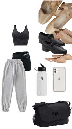 the contents of a woman's ballet outfit including shoes, phone and water bottle