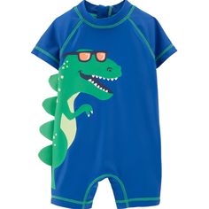 Product Features Crewneck Short Sleeves Zip Back Dinosaur Graphics With 3-D Spikes 50+ Sun Protection Fabric & Care Polyester, Elastane Hand Wash Imported Blue Cartoon Print Swimwear For Play, Playful Dinosaur Print Onesie For Playwear, Blue Cartoon Print Swimwear For Summer, Blue Character Print Swimwear For The Beach, Blue Onesie With Character Print For Playtime, Blue Character Print Onesie For Playtime, Playtime Blue Onesie With Character Print, Blue Short Sleeve Swimwear With Uv Protection, Cute Fitted Dinosaur Print Onesie