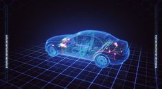 a car is shown in the middle of an image with blue lines and red lights