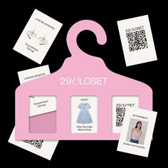 a pink hanger with two pictures and qr code on it