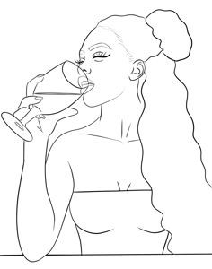 a drawing of a woman drinking from a cup