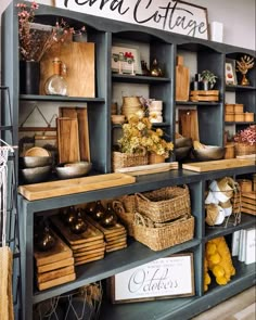 the shelves are filled with baskets and other items