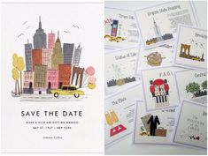 save the date cards with city buildings and people