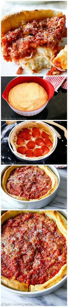 three different views of pizza pies in pans