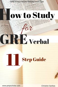 an open book with the title how to study for gre verbal 11 step guide