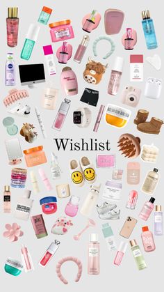 the words wishlist are surrounded by many different types of cosmetics and personal care items