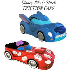 two toy cars are shown with the words disney lite and stitch fraction cars on them