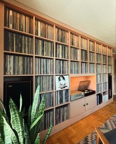 a room filled with lots of bookshelves covered in vinyl records and plants on top of hard wood flooring