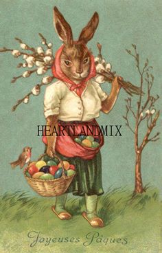 a painting of a rabbit holding an easter basket with eggs in it's hands