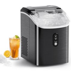 an image of a cooler with ice and lemons next to it on a white background