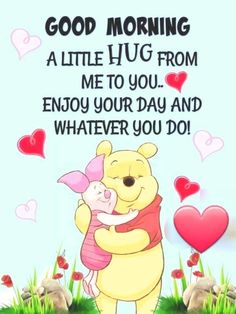 winnie the pooh and piglet hug each other in front of some flowers with hearts