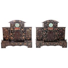 Pair of early 20th century Chinese hand painted black lacquered ancestral shrines. Each shrine features three sets of double doors, a carved antique gilt panel and a cloisonné center medallion. Measures: 31.5 x 29. Printmaking Art, Fairytale Illustration, Japanese Calligraphy, Chinese Painting, Woodblock Print, Art Furniture, Linocut Prints, Art Block, Botanical Illustration