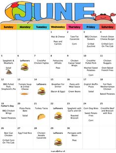 the june calendar is filled with different foods