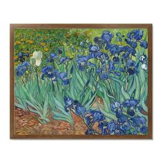 a painting of blue irises in a field with green grass and flowers behind it