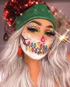 Christmas Makeup Looks 2023, Christmas Inspired Makeup Looks, Christmas Skull Makeup, Christmas Lights Makeup Looks, Christmas Makeup Looks Creative, Christmas Face Makeup, Scary Christmas Makeup, Christmas Theme Makeup