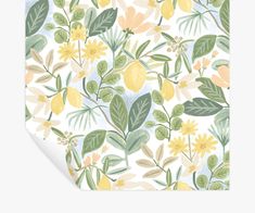 a floral wallpaper with yellow flowers and green leaves on a white background in pastel shades