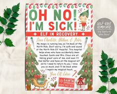 an elf themed christmas card with the text oh no i'm sick elf in recovery