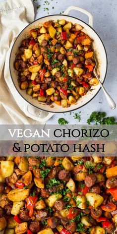 vegan chorizo and potato hash browns in a skillet with the title above it