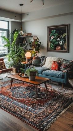 a living room filled with furniture and lots of plants