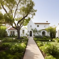 a white house surrounded by lush green trees and bushes, with a walkway leading to the front door