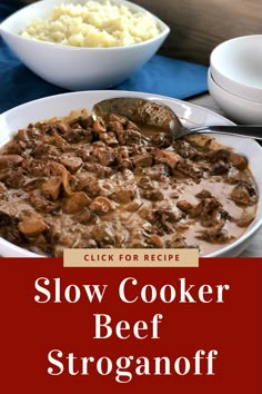 slow cooker beef stroganooffi recipe on a white plate with spoon