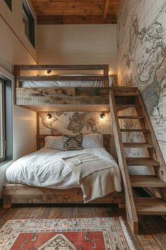 a loft bed with stairs leading up to the top and bottom bunk, in front of a map on the wall